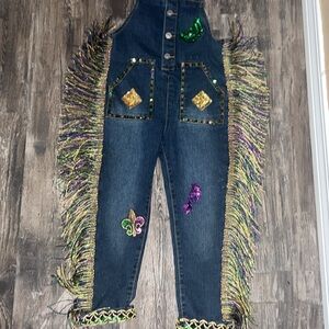 Embellished Denim Overalls with Fringe